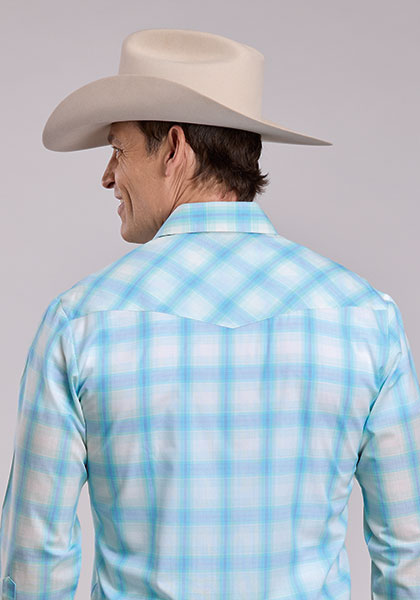 Roper Mens Cyan Plaid Snap Shirt - Broken horn