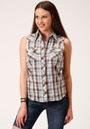 Roper Women Sleeveless Shirt Snap Woven Brown, Blue & White Plaid - Broken horn
