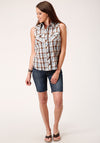 Roper Women Sleeveless Shirt Snap Woven Brown, Blue & White Plaid - Broken horn