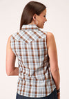 Roper Women Sleeveless Shirt Snap Woven Brown, Blue & White Plaid - Broken horn