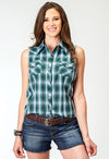 Roper Women Sleeveless Shirt Snap Woven Plaid - Broken horn