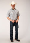 Roper Men Light Gray/Charcoal/White Stripe Short Sleeve - Broken horn