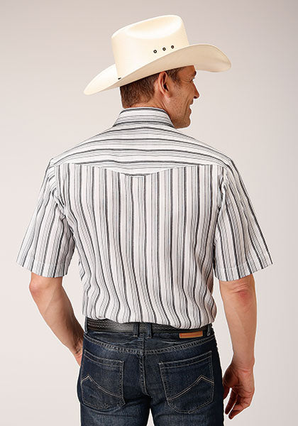 Roper Men Light Gray/Charcoal/White Stripe Short Sleeve - Broken horn
