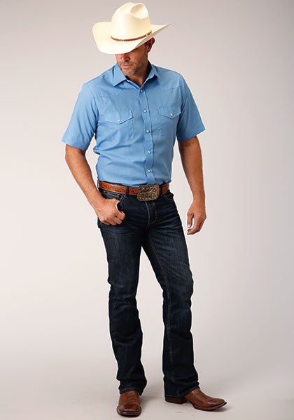 Roper Mens Snap Solid Broadcloth - Heritage Blue - Broken horn