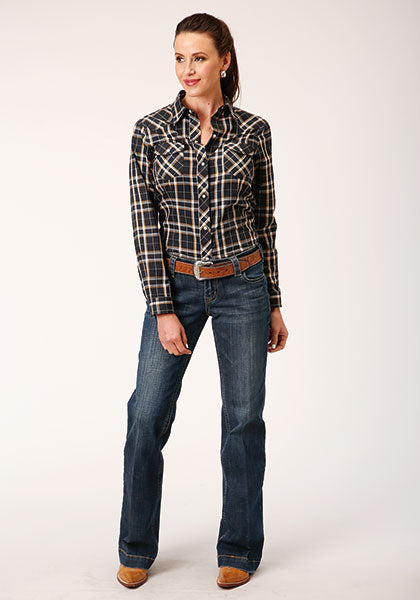 Roper Women Navy/Cream/Gold Plaid - Broken horn