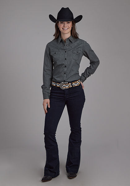 Roper Womens Black Denim Western Blouse - Broken horn