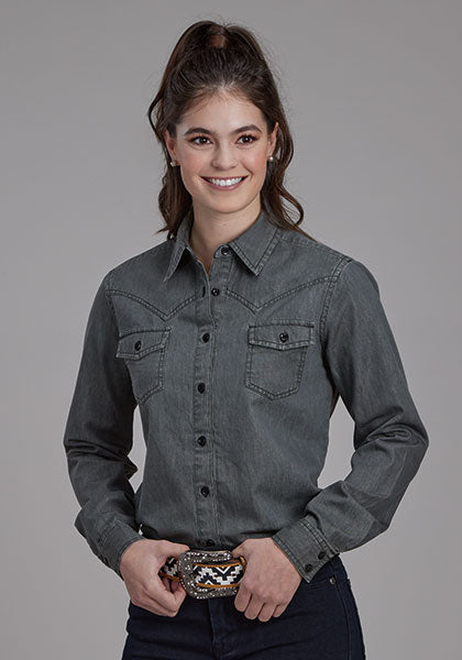 Roper Womens Black Denim Western Blouse - Broken horn