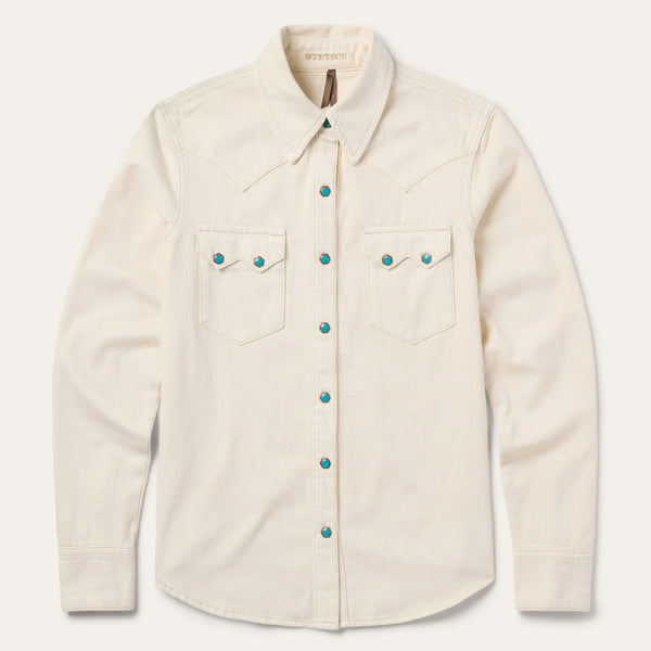 Stetson Women Turquoise Snap Western Denim Shirt - Broken horn
