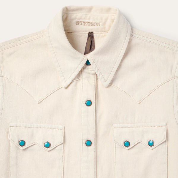Stetson Women Turquoise Snap Western Denim Shirt - Broken horn