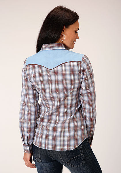Roper Women Fancy Applique - Lt Blue/White Plaid - Broken horn