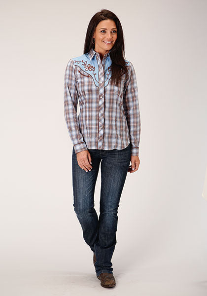 Roper Women Fancy Applique - Lt Blue/White Plaid - Broken horn