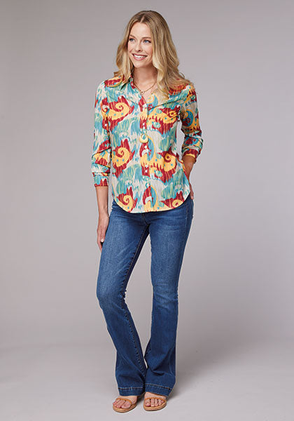 Roper Women Ikat Paisley Print Poly Crepe - Broken horn