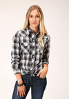 Roper Women Plaid Snap Shirt - White/Grey/Black - Broken horn