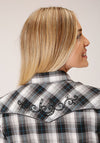 Roper Women Plaid Snap Shirt - White/Grey/Black - Broken horn