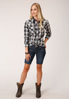 Roper Women Plaid Snap Shirt - White/Grey/Black - Broken horn