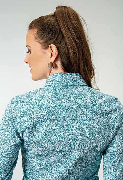 Roper Womens Allover Teal Paisley Print Snap Shirt - Broken horn