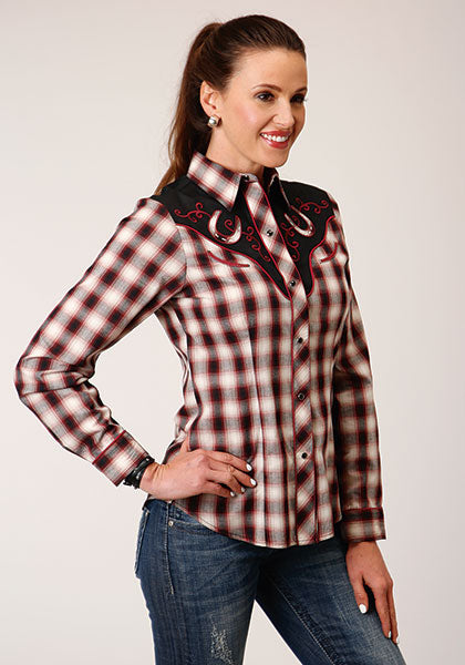 Roper Womens Wine/Black/Cream Plaid - Broken horn