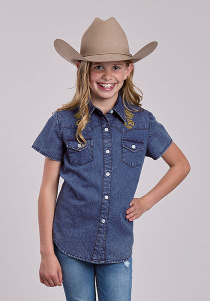Roper Blue Denim Western Blouse - Broken horn
