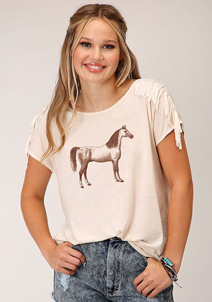 Roper Women Cream Self Fringe Tee - Broken horn