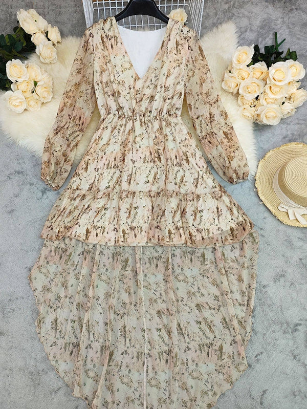 V-Neck Floral Printed Bohemian Layered Dress Apricot - Broken horn