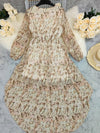 V-Neck Floral Printed Bohemian Layered Dress Apricot - Broken horn