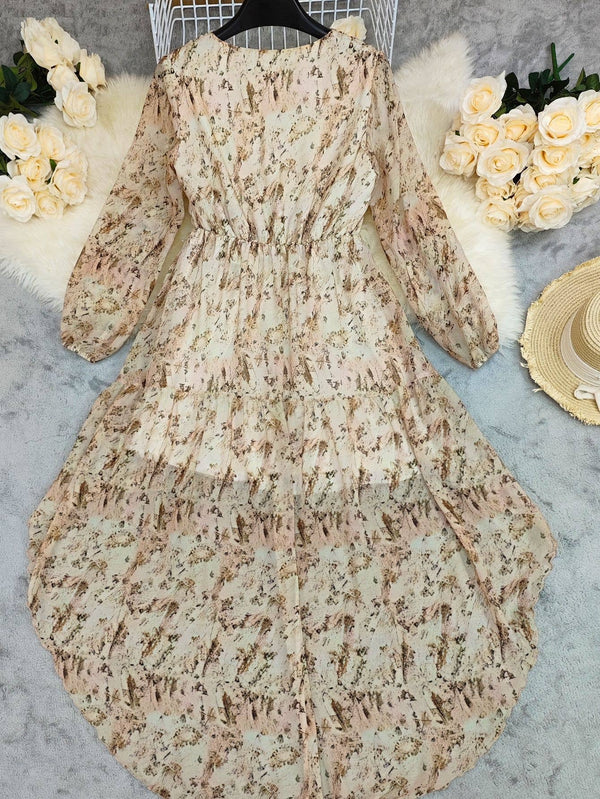 V-Neck Floral Printed Bohemian Layered Dress Apricot - Broken horn