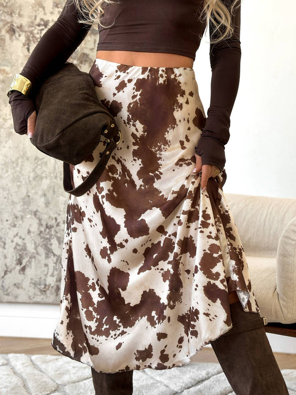 Western Cow Animal Print Midi Skirt - Broken horn