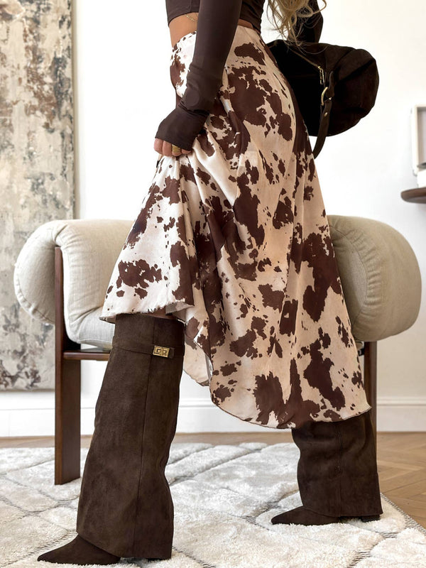 Western Cow Animal Print Midi Skirt - Broken horn