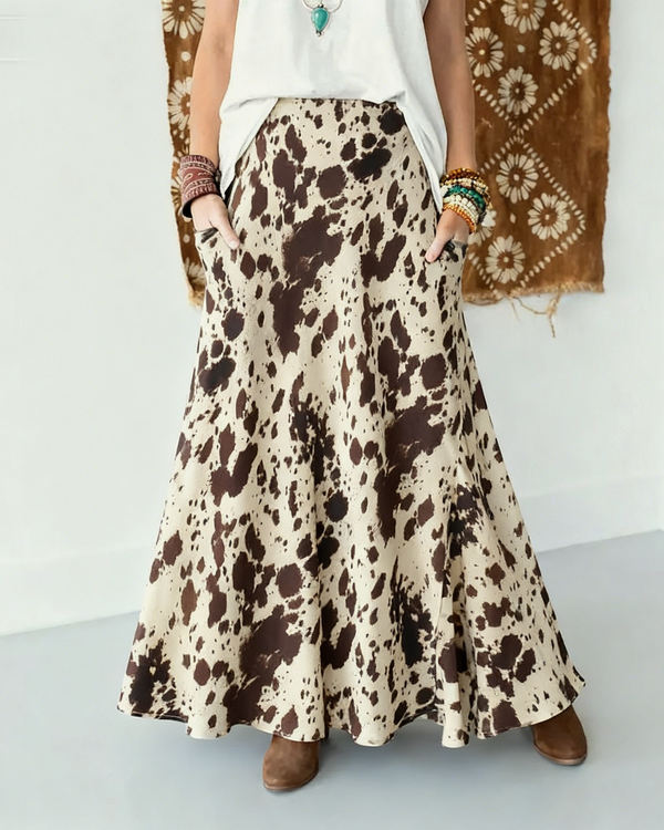 Satin Wild Western Animal Cow Print Skirt - Broken horn