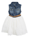 Girls Sleeveless Belted Dress Denim and Lace - Broken horn