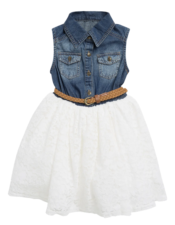 Girls Sleeveless Belted Dress Denim and Lace - Broken horn