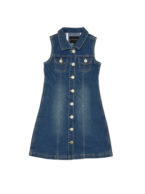 Girls Sleeveless Shirt Dress - Denim - Broken horn
