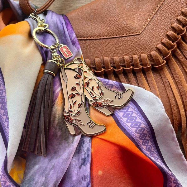 Pink Floral Cowgirl Boots Enamel Keychain Bag Charm - Broken horn