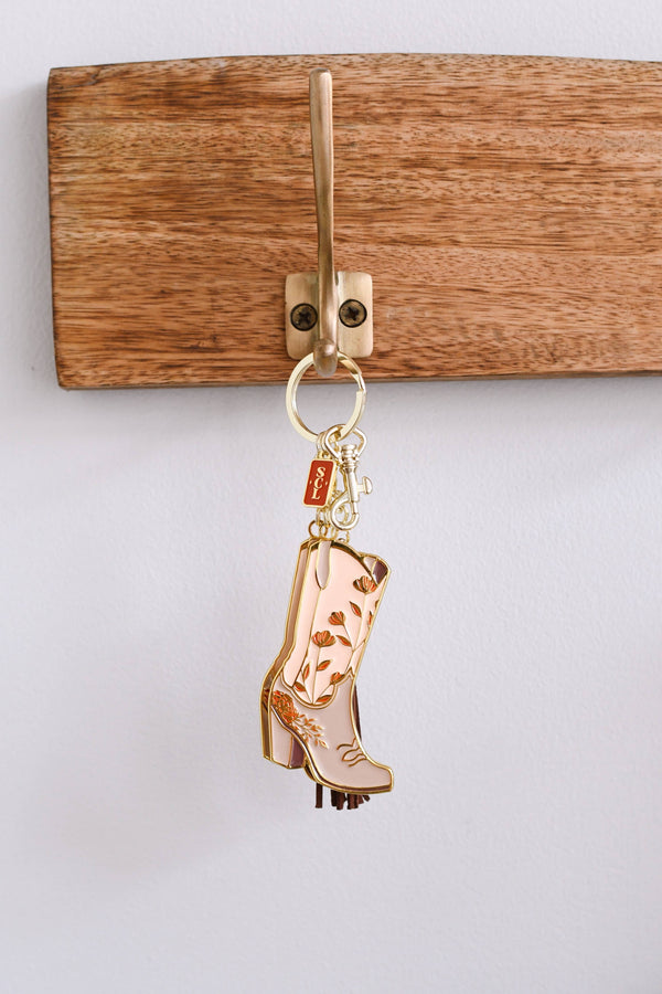 Pink Floral Cowgirl Boots Enamel Keychain Bag Charm - Broken horn
