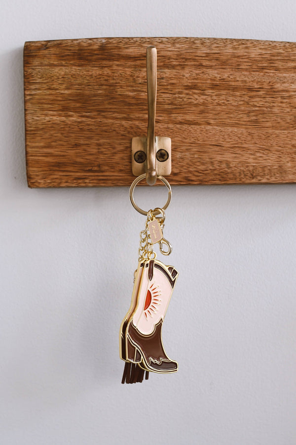 Pink Sunburst Cowgirl Boots Enamel Keychain Bag Charm - Broken horn