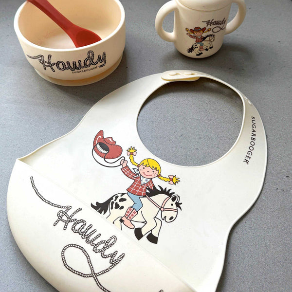 Fresh & Messy Silicone Bib & Spoon Set - Howdy Cowgirl - Broken horn