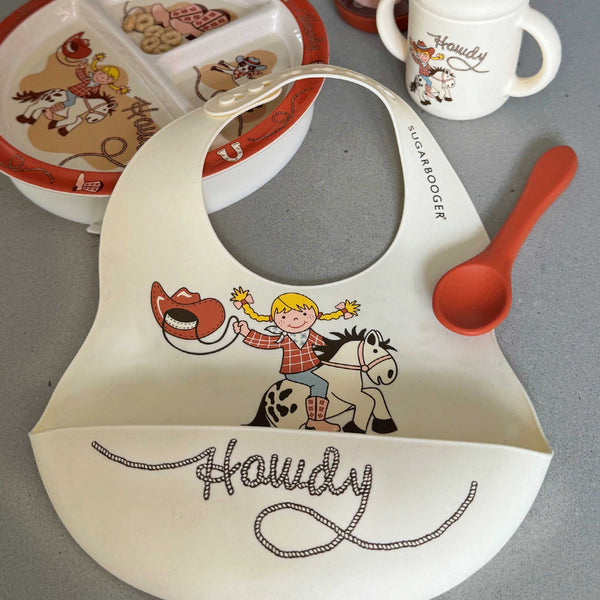 Fresh & Messy Silicone Bib & Spoon Set - Howdy Cowgirl - Broken horn