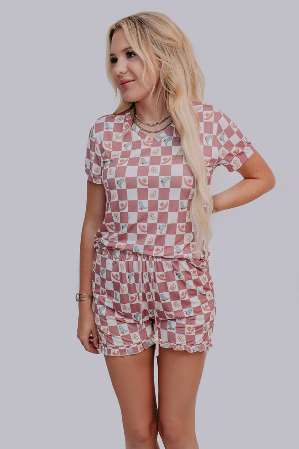 Western Checkers Modal Pajamas Shorts Set - Broken horn
