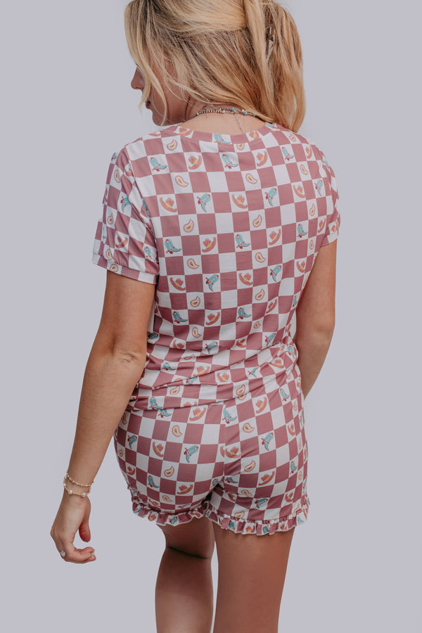 Western Checkers Modal Pajamas Shorts Set - Broken horn