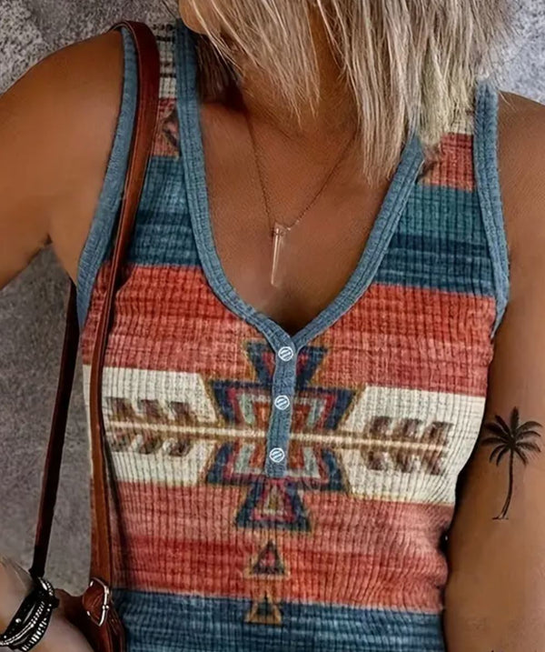 Western Geo Print V-neck Tank - Broken horn