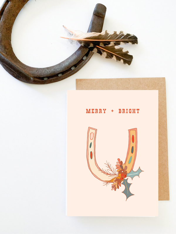 Merry Christmas Holiday "Merry and Bright" Western Horseshoe Card - Broken horn
