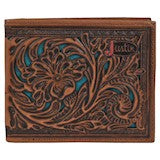 Justin Mens Slim Bifold Wallet Tooling w/Turquoise Underlay - Broken horn