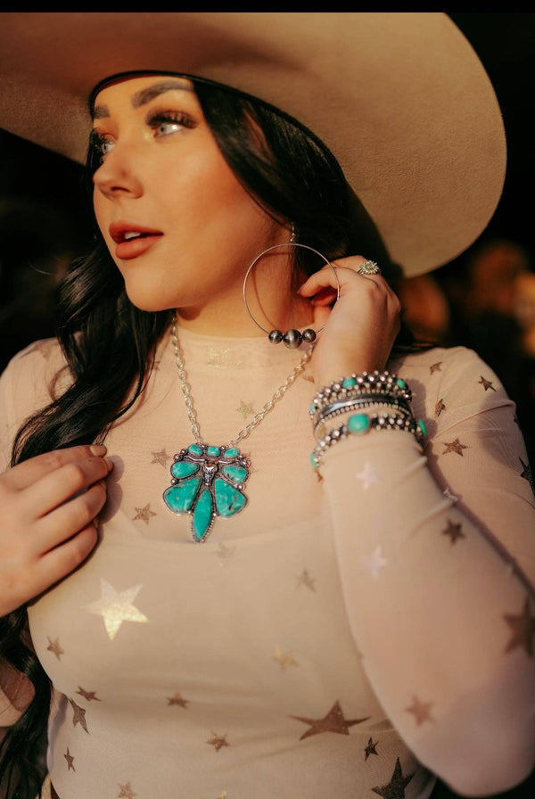 Silver Steerhead NL with Turquoise Stones - Broken horn