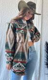 Aztec Print Western Vibe Oversized Button Down Olive - Broken horn