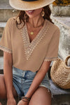 Plain V Neck Lace Edge Short Sleeves Top - Broken horn