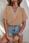 Plain V Neck Lace Edge Short Sleeves Top - Broken horn
