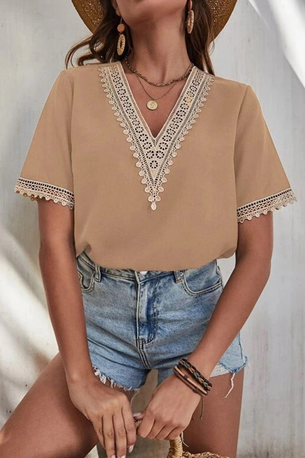 Plain V Neck Lace Edge Short Sleeves Top - Broken horn