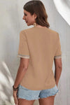 Plain V Neck Lace Edge Short Sleeves Top - Broken horn