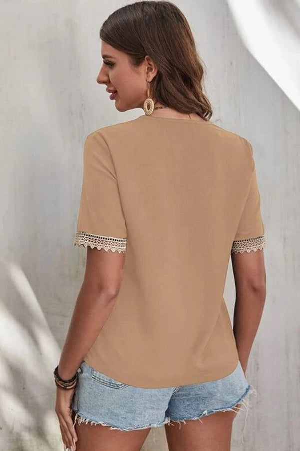 Plain V Neck Lace Edge Short Sleeves Top - Broken horn