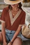 Plain V Neck Lace Edge Short Sleeves Top - Rust - Broken horn